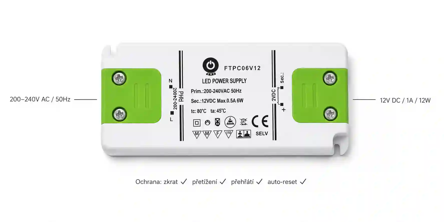 Schéma zapojení LED zdroje 12V 12W s ochranou proti zkratu přetížení a přehřátí s  automatickou obnovou